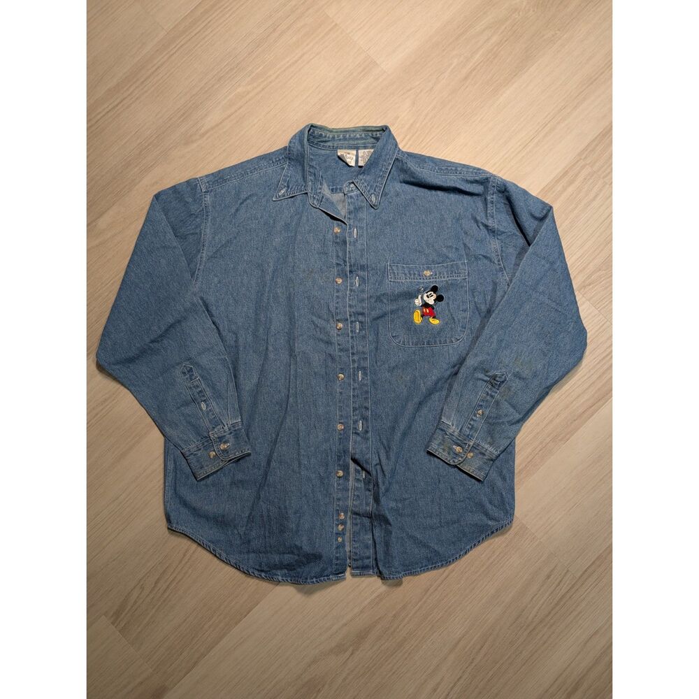 Vintage 90s Disney Store Mickey Mouse Denim Shirt Large Embroidered Pocket